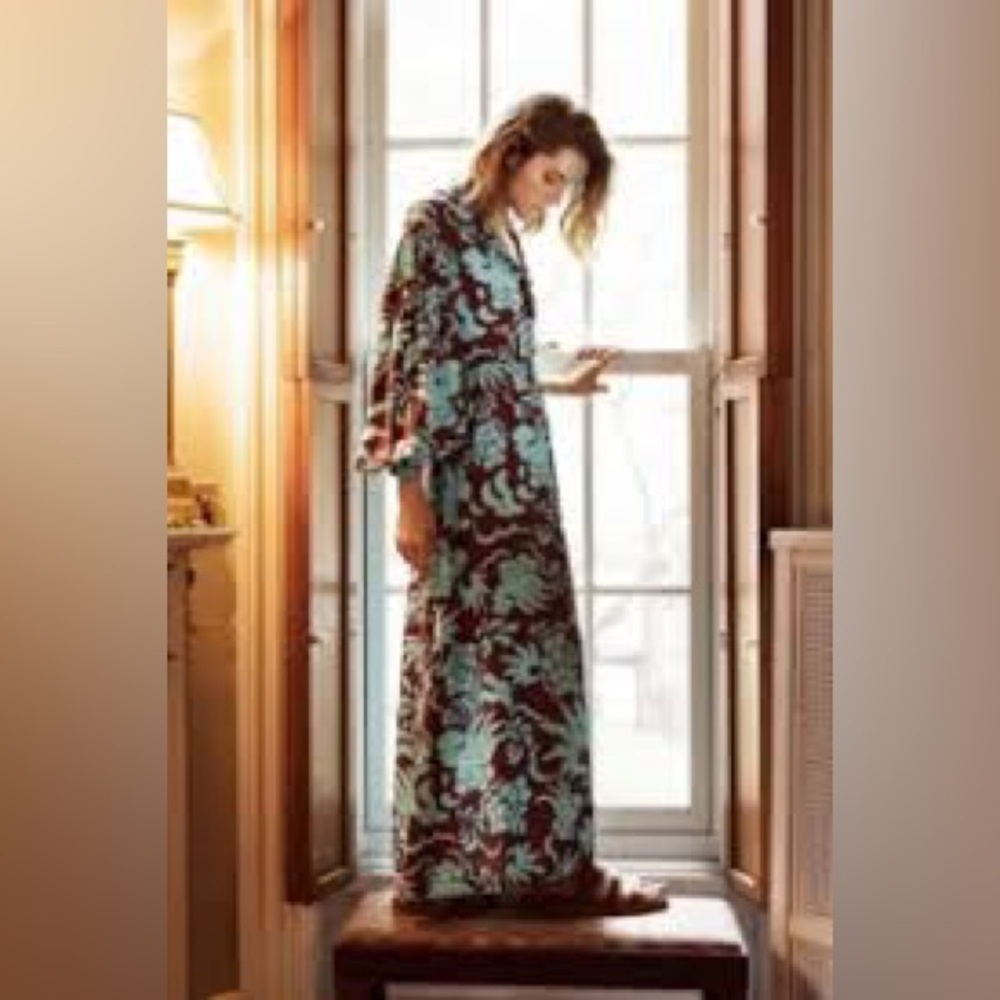 J.Jill turquoise and brown floral maxi sheer shirt dress size medium